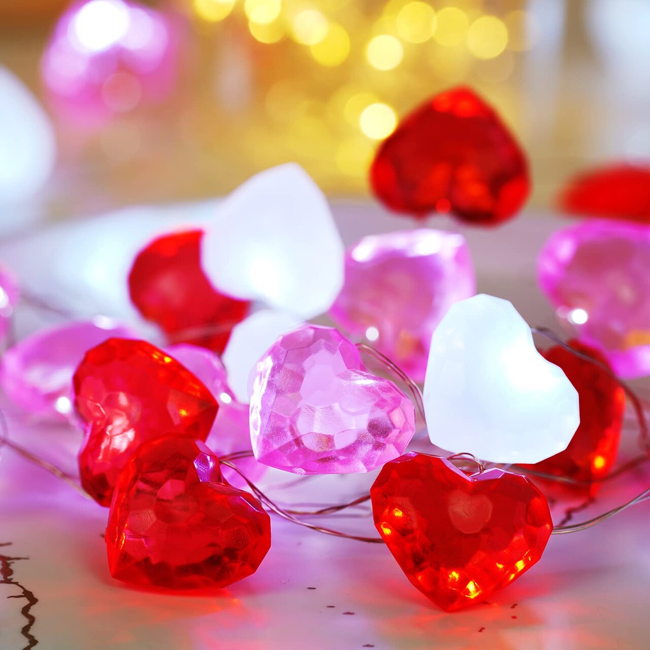 Valentine Day Decor 10 ft 30 LEDs 3D Heart Lights, Red White Pink Fairy String Lights with Remote Battery Operated, Valentines Decorations for The Home Bedroom Garland Wedding Indoor Timer
